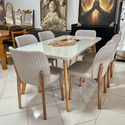 Mesa 1,55m Rafaela com Vidro (5501) com 6 Cadeiras Citrino Tecido Impermeável (5515)
