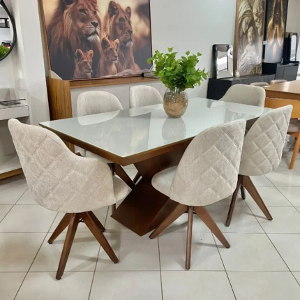 Mesa 1,80m Zafira com Vidro (5989) com 06 Cadeiras Giratorias Leia (2858)