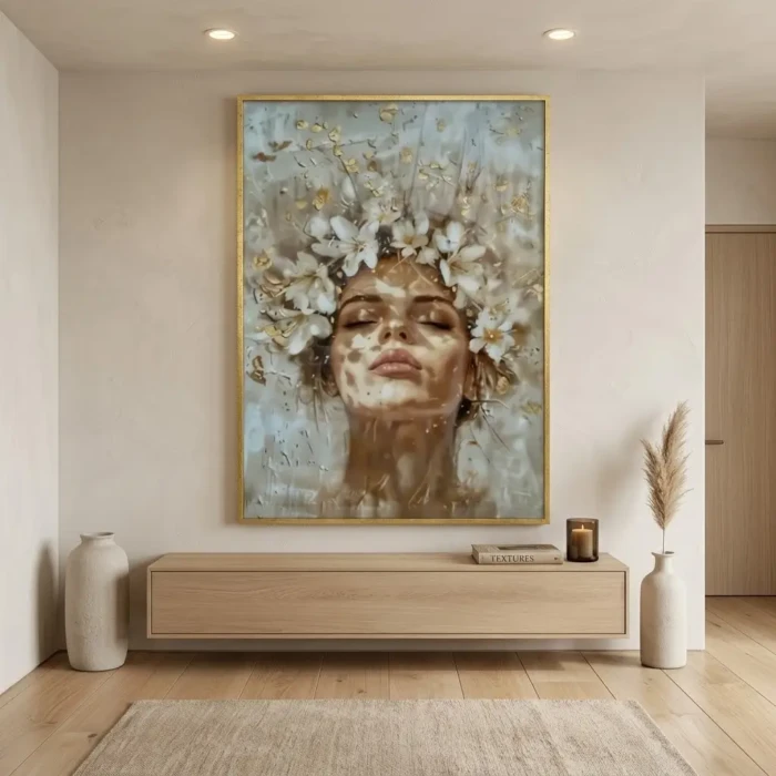 80cm x 120cm - Quadro VIDRO Mulher Flores Brancas Moldura Dourada (CD 6417) (2)