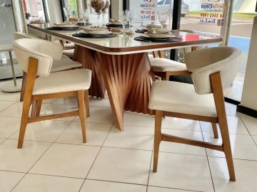 2,00m - Mesa Yara Champagne com Vidro (CD 2027) + 6 Cadeiras DIOR Linho Fx 2 6611-b (CD 3245) (6)